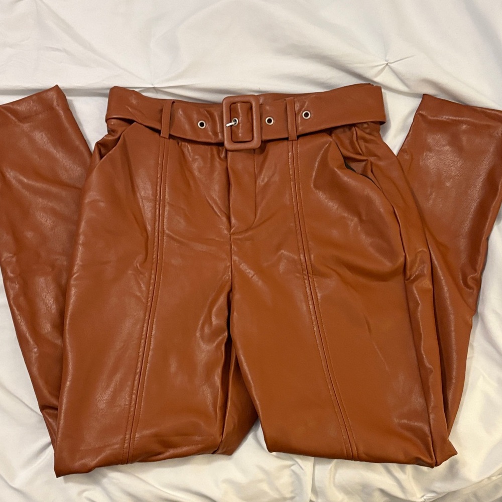 Fashion Nova Brown Faux Leather Straight Leg Pants with Belt